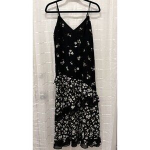 Bardot Black Floral Ruffle Tiered Midi Dress Spaghetti Strap V-Neck Size 10/L